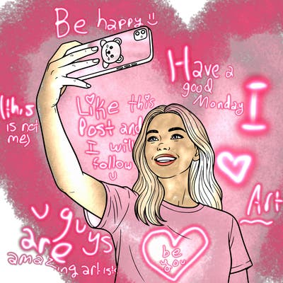 teenage woman taking selfie with phone that has a case with a kawaii bear on it