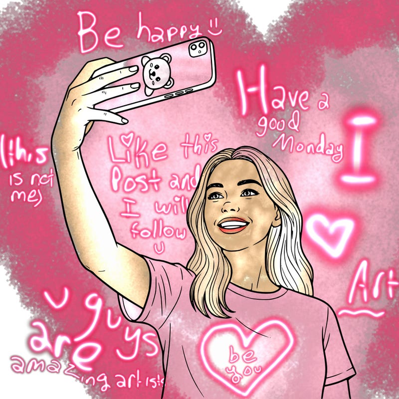 teenage woman taking selfie with phone that has a case with a kawaii bear on it