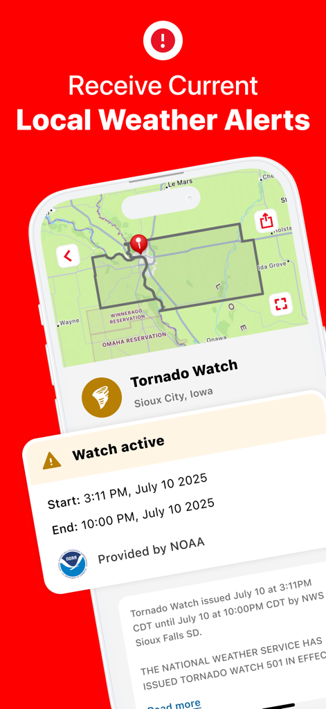 Emergency: Severe Weather App - Smartphone screen showing a tornado watch notification and map in the American Red Cross Emergency app.