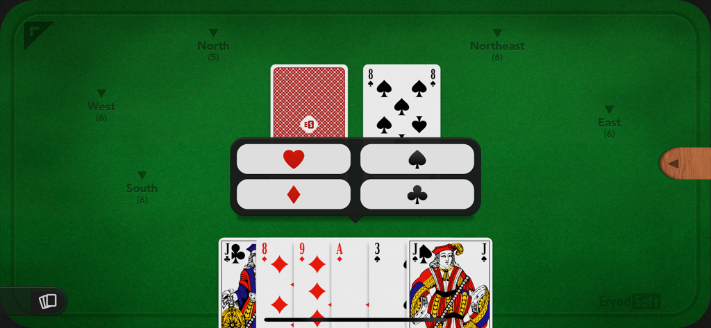 Crazy Eights - Schermata di gioco dell'app mobile Crazy Eights che mostra il menu di selezione del seme su uno sfondo di feltro verde