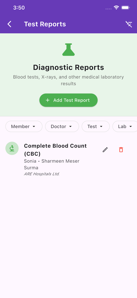 Screenshot of the Test Reports section in the Simple Prescription Organizer app showing a diagnostic report for Complete Blood Count and filters for family members.
