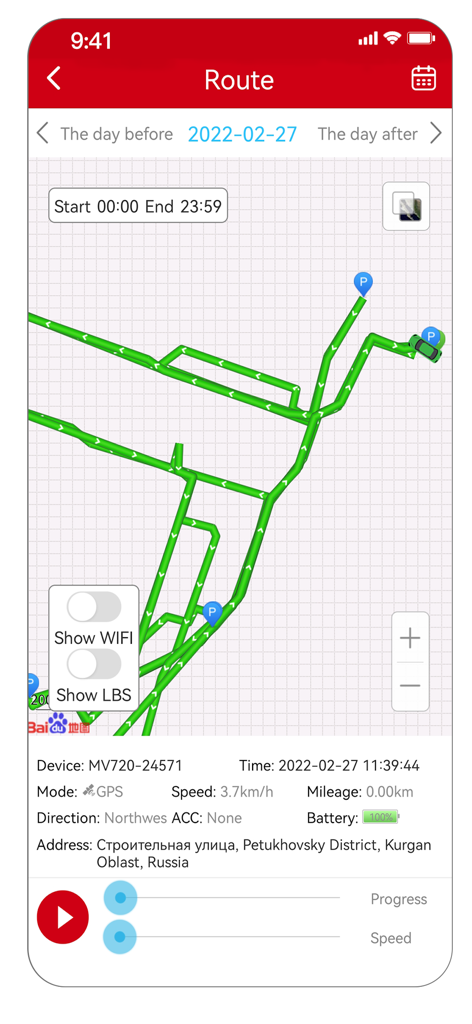 Schermata dell'app MiCODUS che mostra la riproduzione storica del percorso di un veicolo tracciato con mappa e percorso.