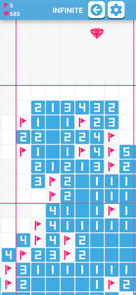 Infinite Minesweeper GRYKUBY - Eine mobile Gameplay-Ansicht von Infinite Minesweeper mit blauen nummerierten Kacheln und rosa Flaggen.