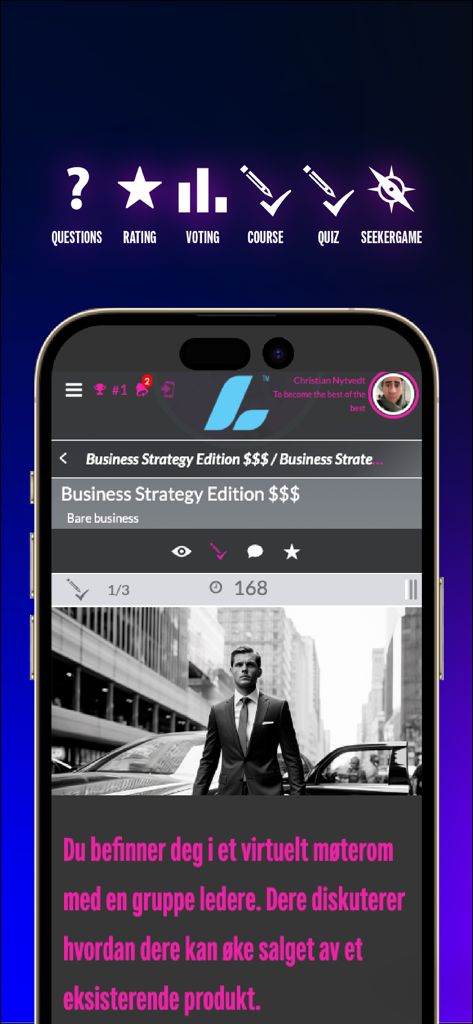 Experience live - Una interfaz de smartphone que muestra un módulo de capacitación en estrategia empresarial dentro de la aplicación Experience Live, incluyendo iconos para cuestionarios y votaciones.
