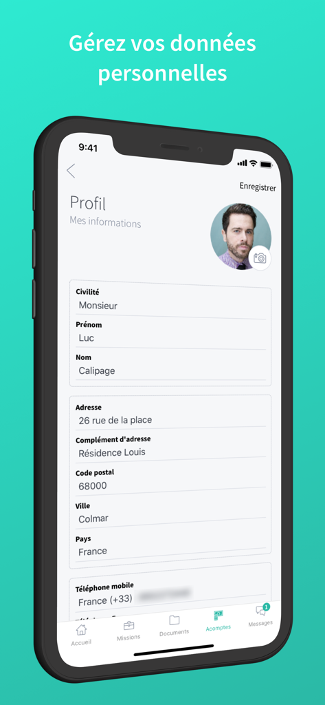 Armado - A mobile screenshot of the Armado app showing the user profile page with fields for personal contact information.