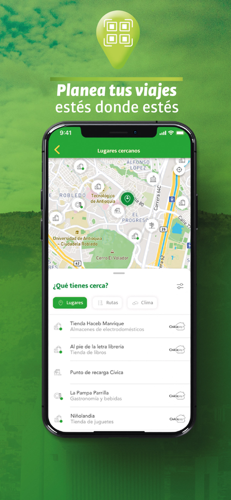 Interfaccia dell'app Civica che mostra una mappa di Medellín con punti di interesse vicini e funzioni di pianificazione del viaggio