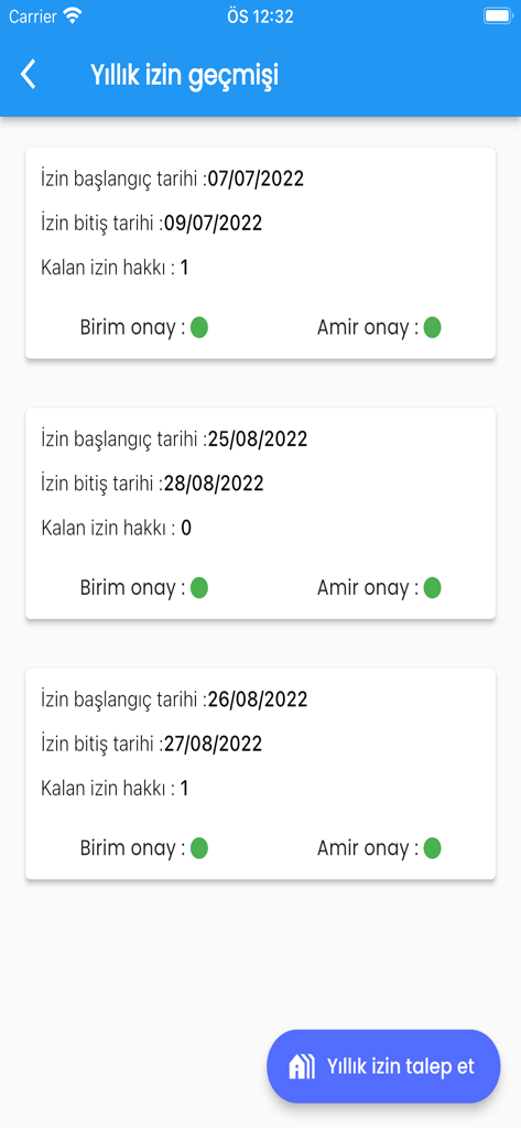 Historial de vacaciones anuales que muestra las fechas de inicio y fin con el estado de aprobación en la aplicación turca