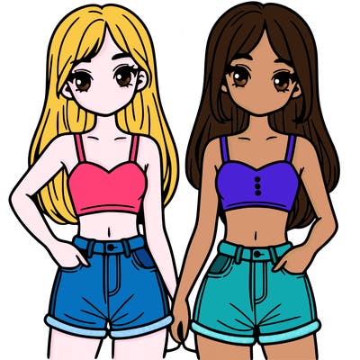 two sisters with crop tops and jean shorts and straight hair