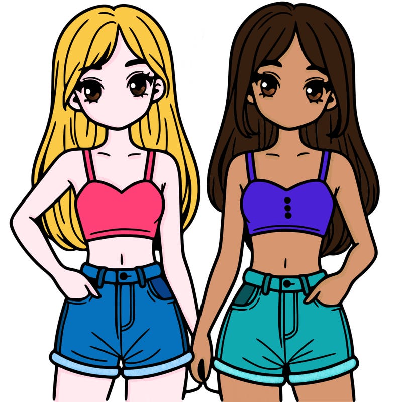 two sisters with crop tops and jean shorts and straight hair