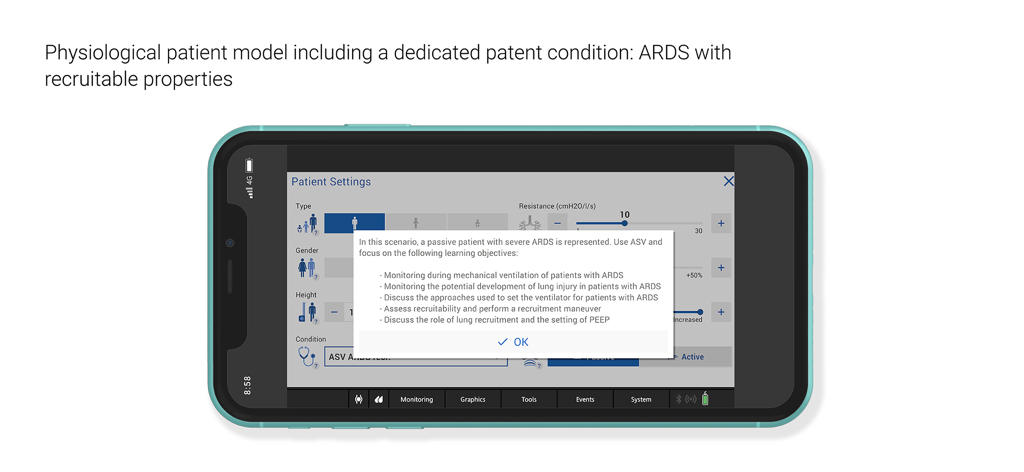 VenTrainer app displaying patient settings and a clinical ARDS simulation scenario on a smartphone
