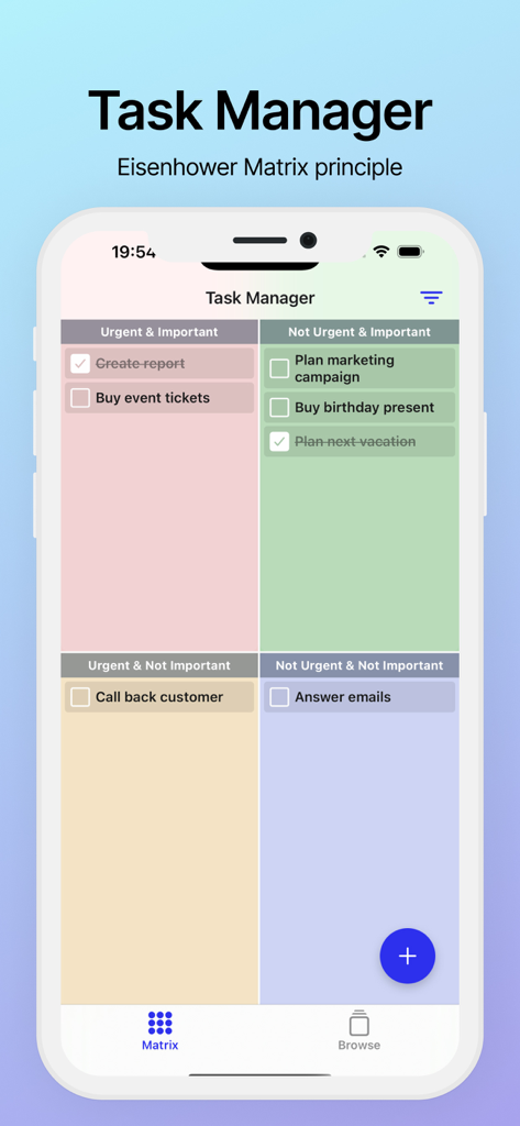Matrix Manager - Task Manager - Interfaz de la aplicación Matrix Manager mostrando tareas organizadas en cuatro cuadrantes codificados por colores según urgencia e importancia