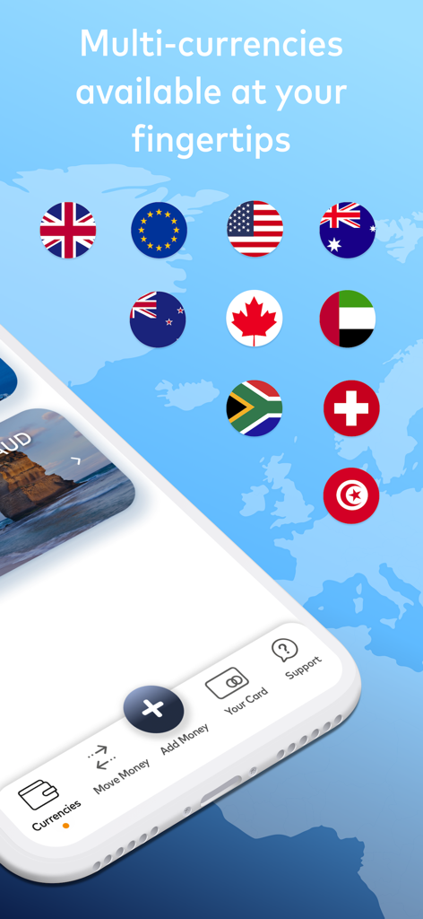 Cash Passport app screen showing multicurrency options and international flags