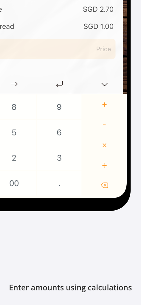 Trabee Spending Note - A simple numeric keypad with mathematical operators for manual expense entry in the Trabee Spending Note app.
