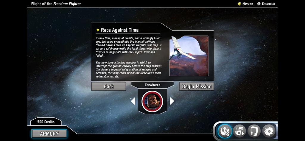 Star Wars: Imperial Assault - Pantalla de información de misión de la aplicación Star Wars Imperial Assault para "Carrera contra el tiempo" con Chewbacca y una imagen de una lanzadera