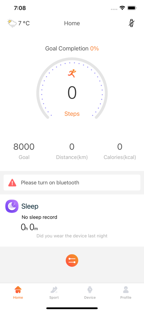 Pantalla de inicio de la aplicación de fitness DekeFit que muestra el contador de pasos, las metas de fitness y el resumen del seguimiento del sueño.