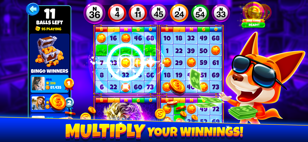 Xtreme Bingo! Slots Bingo Game - Gameplay Xtreme Bingo montrant plusieurs cartes de bingo et un personnage de renard cool avec de l'argent