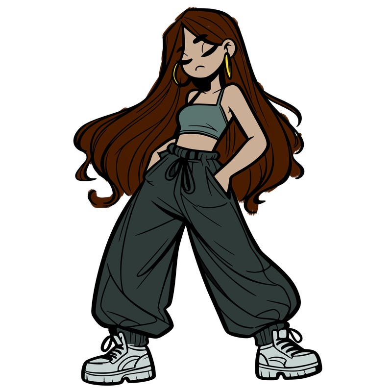 girl in baggy pants crop top and long hair