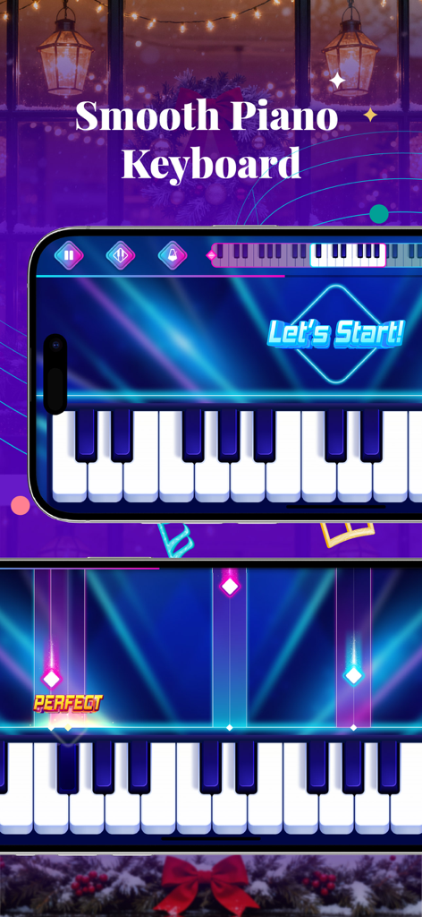 Piano Lessons: Simple & Easily - Mobile App-Oberfläche zeigt eine virtuelle Klaviatur mit einem spielerischen Rhythmuslernmodus und fallenden Noten
