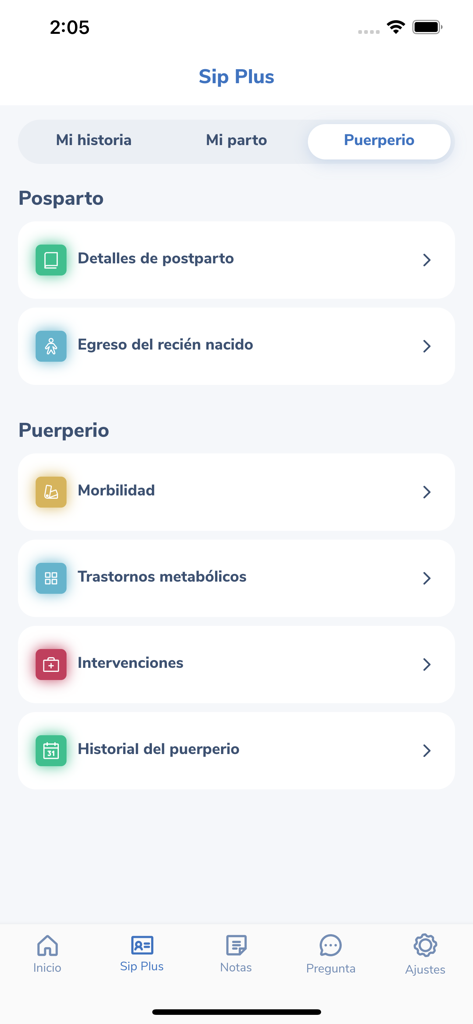 MiSip - Interface do aplicativo MiSip mostrando opções de rastreamento de saúde pós-parto e puerpério em espanhol