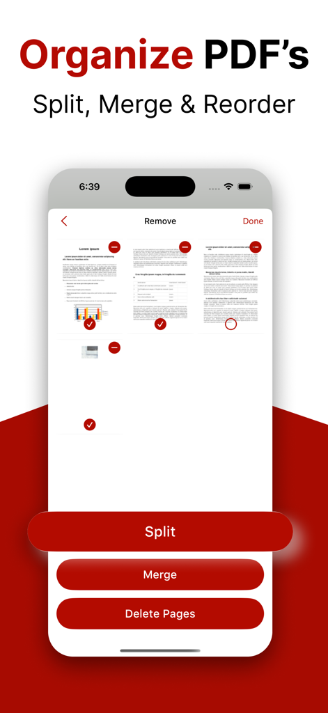 PDF Editor: Fill, Edit, Sign - Mobile app interface showing options to split, merge, and delete PDF pages.