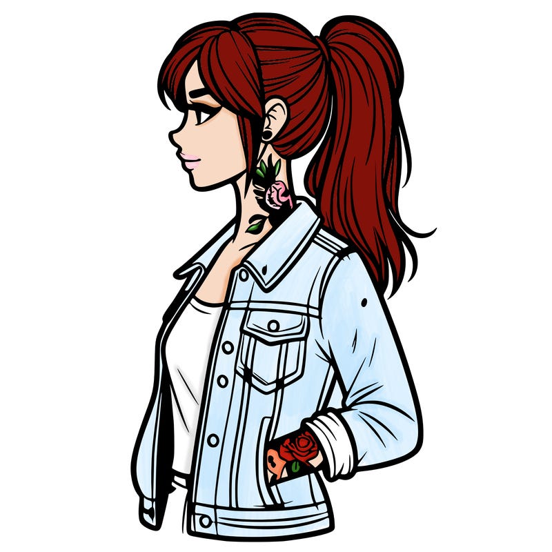 woman in jean jacket with tattoos and a ponytail