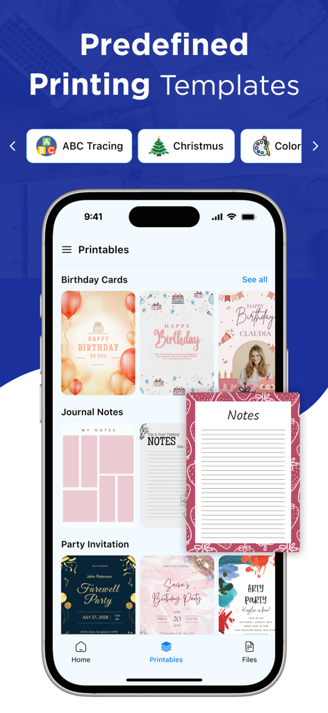 Oberfläche der Smart Printer App, die vordefinierte Druckvorlagen für Geburtstagsglückwünsche, Journalnotizen und Party-Einladungen anzeigt