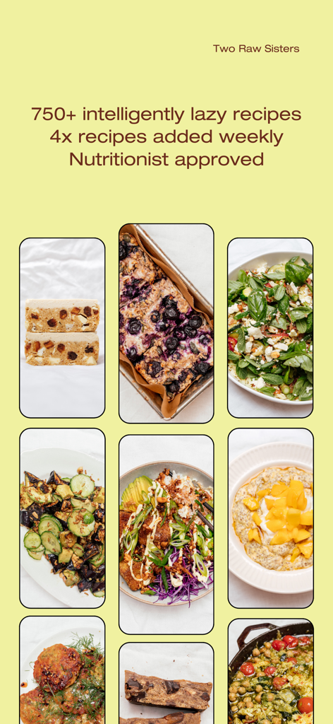 Two Raw Sisters Recipes - A collection of healthy nutritionist approved recipes from the Two Raw Sisters app displayed in a grid