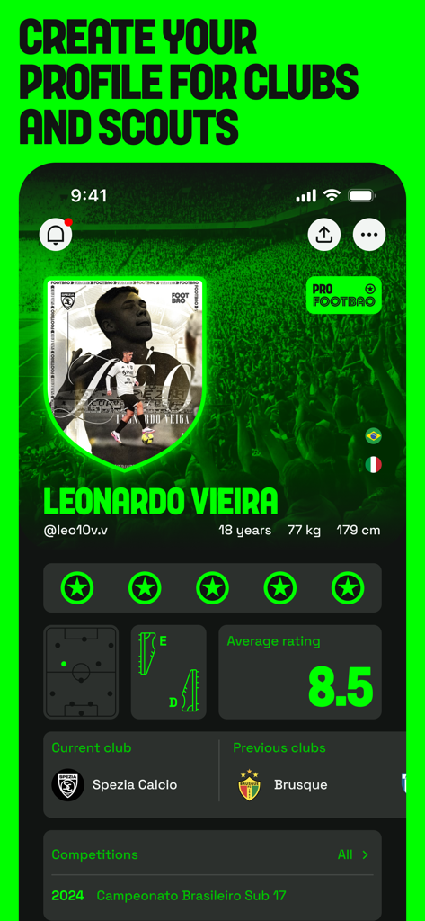 Footbao - Footbao app screen showing a young soccer player profile with stats and rating for scouts