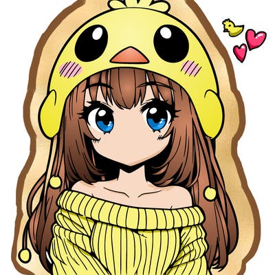 anime girl with chick shaped hat with sweater with bare shoulders with bangs covering them one eye with low tail