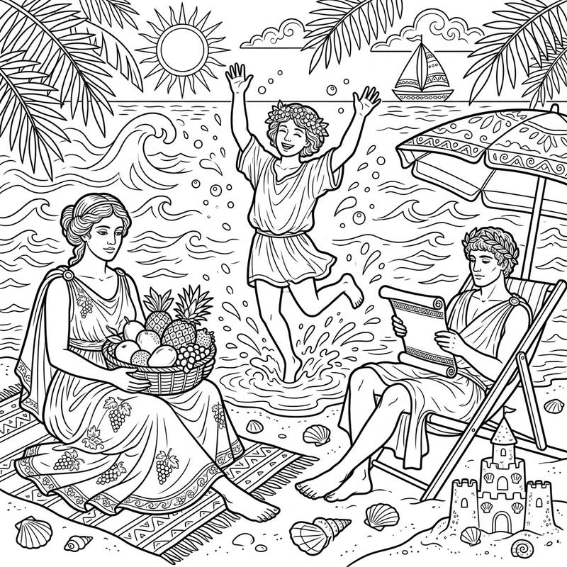 Embrace the warmth of summer with this delightful coloring page featuring allegorical figures enjoying a perfect beach day. From playful splashes to peaceful relaxation, this scene is bursting with sunny joy.