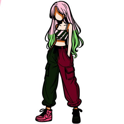 girl in baggy pants crop top and long hair