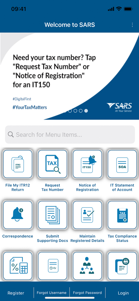 Home screen of the SARS Mobile eFiling app featuring a dashboard with tax services like filing returns and requesting tax numbers