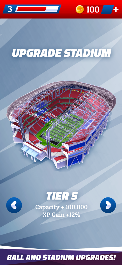 Flick Quarterback 25 - Flick Quarterback 25 stadium upgrade screen showing a Tier 5 arena with capacity and XP bonuses