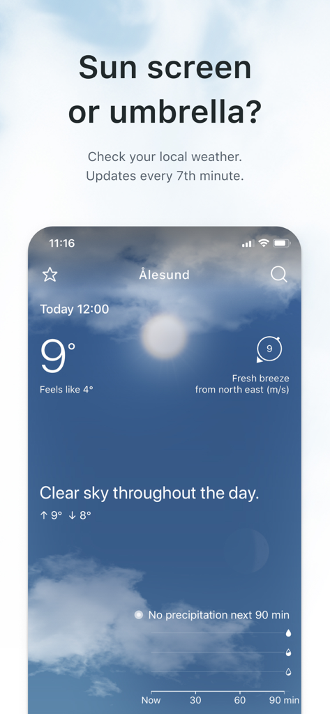Yr.no weather app showing local forecast for Alesund with clear sky and no precipitation for the next 90 minutes