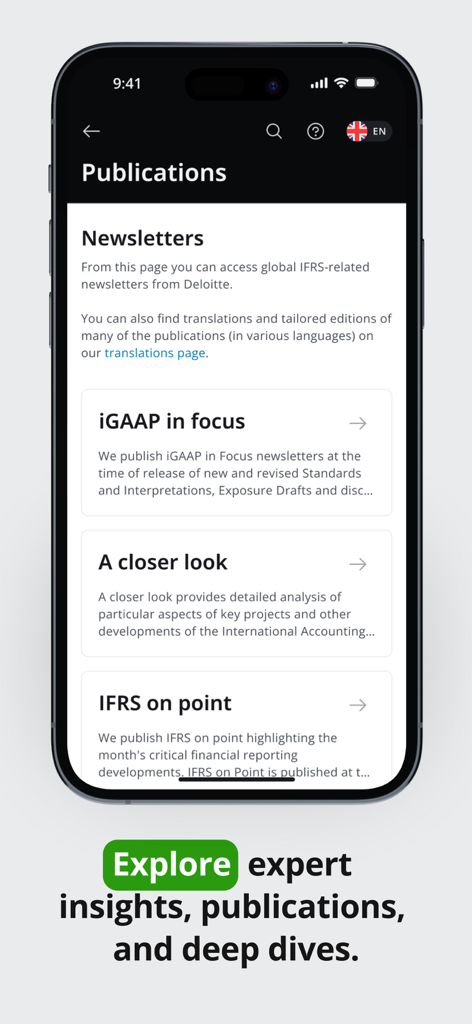 Pantalla de Publicaciones de la app IAS Plus que muestra boletines de Deloitte y perspectivas financieras de expertos.