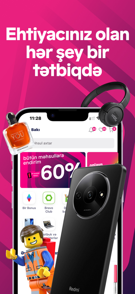 Birmarket: Online Shopping App - Birmarket mobile app interface showing various product categories and a 60 percent discount offer