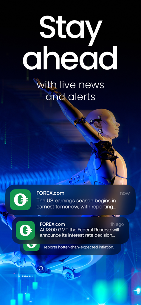 Notifiche push dell'app mobile che mostrano notizie di mercato in tempo reale e avvisi sui tassi di interesse per il trading forex