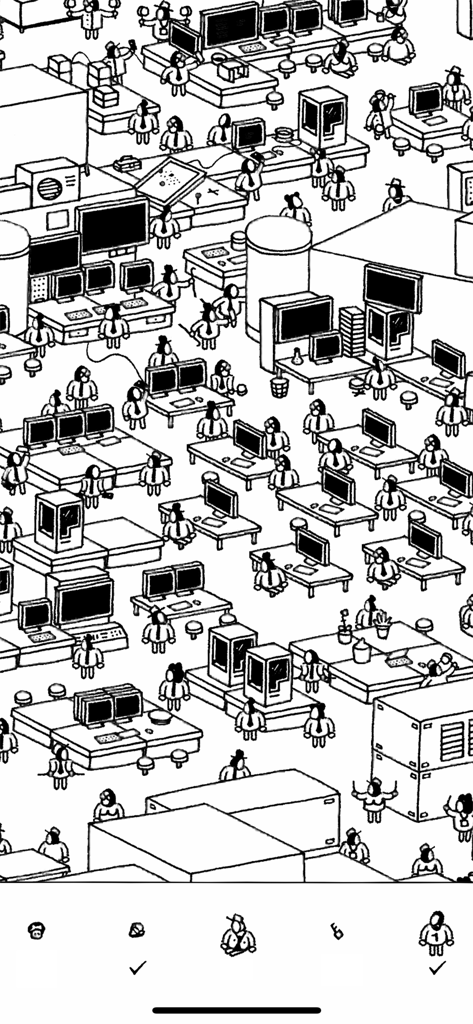 Una escena de oficina concurrida dibujada a mano en el juego Hidden Folks