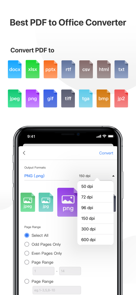 PDF Reader Pro – Lite Edition - Interface of a PDF converter showing options for Office formats and image resolution settings