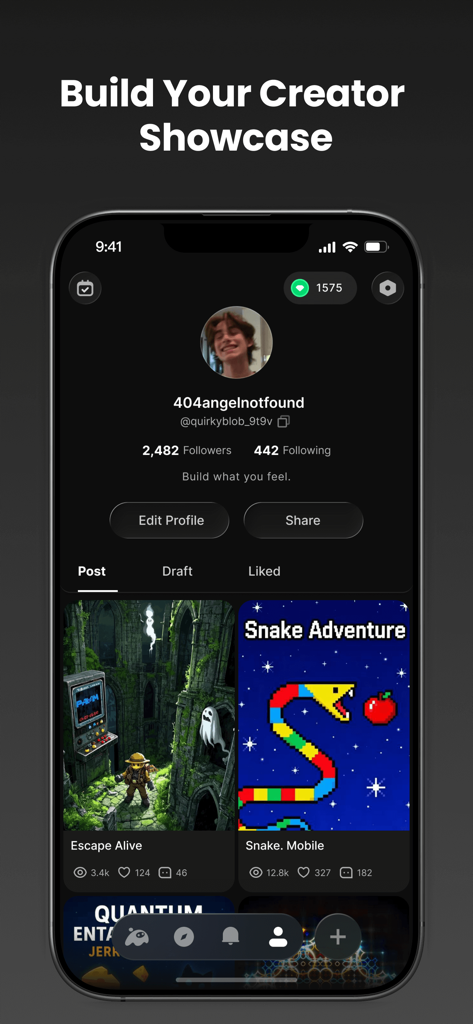 Una pagina del profilo utente nell'app Aippy che mostra una vetrina di giochi creati come Snake Adventure e Escape Alive