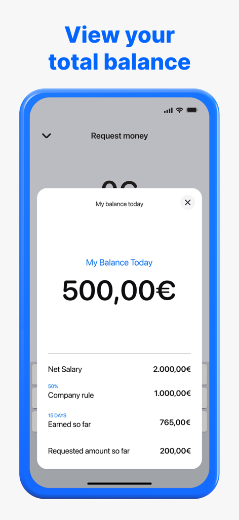 CloudPay - Pantalla de la aplicación CloudPay que muestra un saldo actual de 500 euros con un desglose del salario neto y los salarios devengados