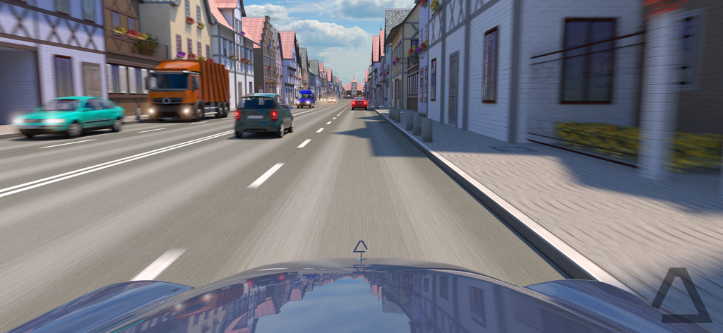 German Road Racer - Cars Game - Motorhaubenansicht aus der Ich-Perspektive eines Autos, das im Spiel German Road Racer durch eine deutsche Stadt mit Verkehr rast