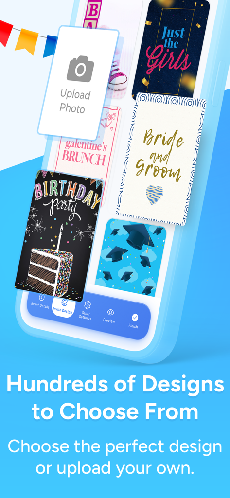 Eine Sammlung bunter digitaler Partyeinladungsdesigns für Geburtstage, Hochzeiten und Abschlussfeiern in der Invitd-App