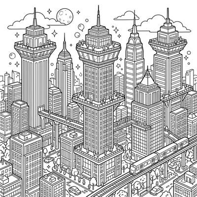 Get ready to color a breathtaking cityscape filled with towering observation deck skyscrapers. This intricate design invites you to capture the vibrant energy of urban life from a unique perspective.