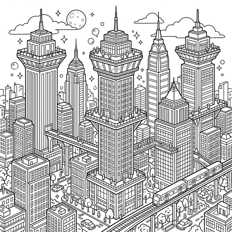 Get ready to color a breathtaking cityscape filled with towering observation deck skyscrapers. This intricate design invites you to capture the vibrant energy of urban life from a unique perspective.