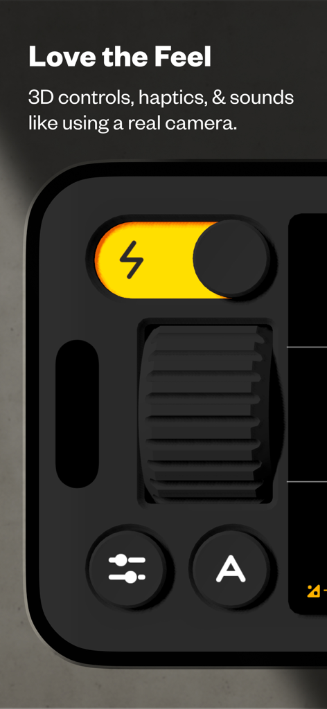 Close up of 3D tactile camera controls and a textured scroll wheel in the Not Boring Camera mobile app