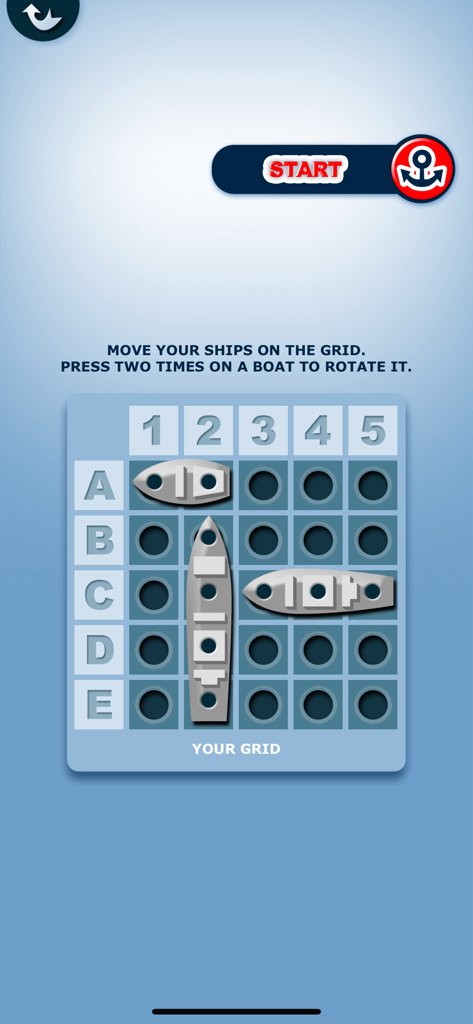 Warship Game for Kids - Una cuadrícula de 5x5 en la aplicación Juego de Batalla Naval para Niños que muestra instrucciones de colocación y rotación de barcos antes de iniciar una partida.