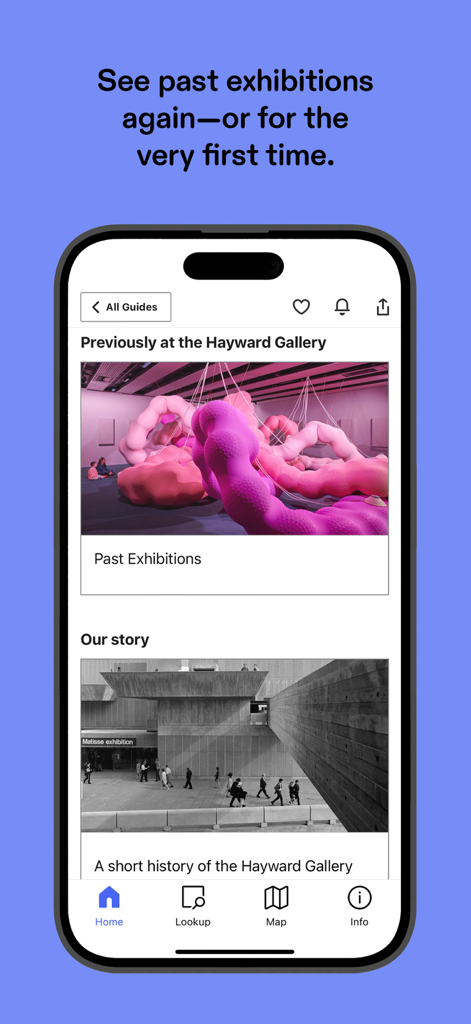 Schermata dello smartphone che mostra le mostre passate e la storia della Hayward Gallery sull'app Bloomberg Connects