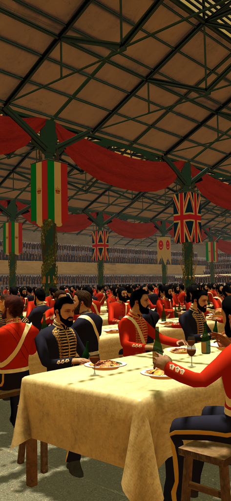 Dublin Discovery Trails - A 3D augmented reality scene showing historical soldiers in red and blue uniforms dining at a large banquet hall decorated with flags.