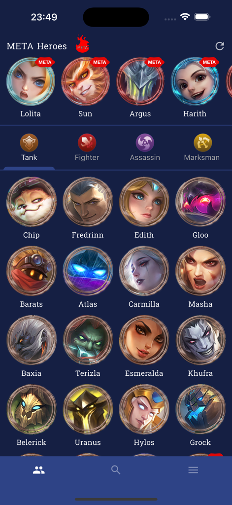 Nova Counter app showing a list of Mobile Legends heroes categorized by META status and roles like Tank and Fighter